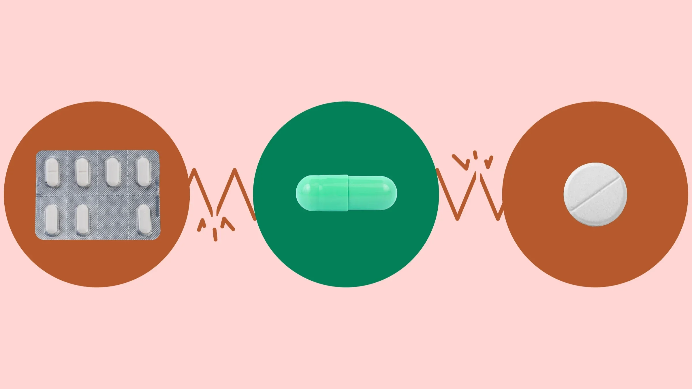 Custom graphic showing which medications interact with Vraylar. In the center is a green circle with a teal capsule pill on it. On the left, on a red circle, is a blister pack of oblong white pills. On the right, on a red circle, is a round white pill.
GoodRx Health