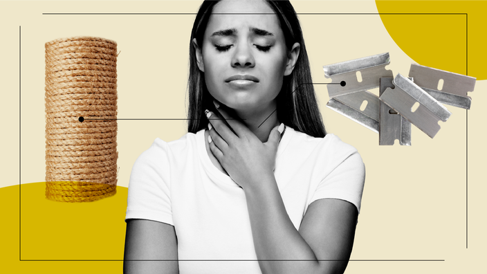 A person holding their sore throat, surrounded by imagery of what the pain feels like.