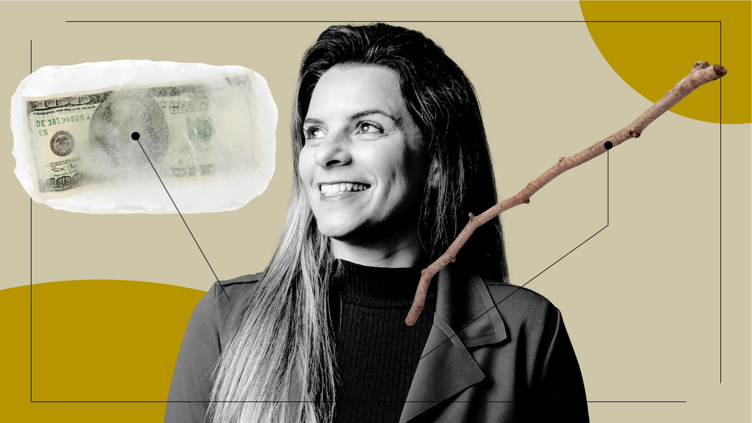 A graphic includes a black-and-white photo of a woman and items representing what it’s like to freeze your eggs: a poking stick and a frozen hundred dollar bill.