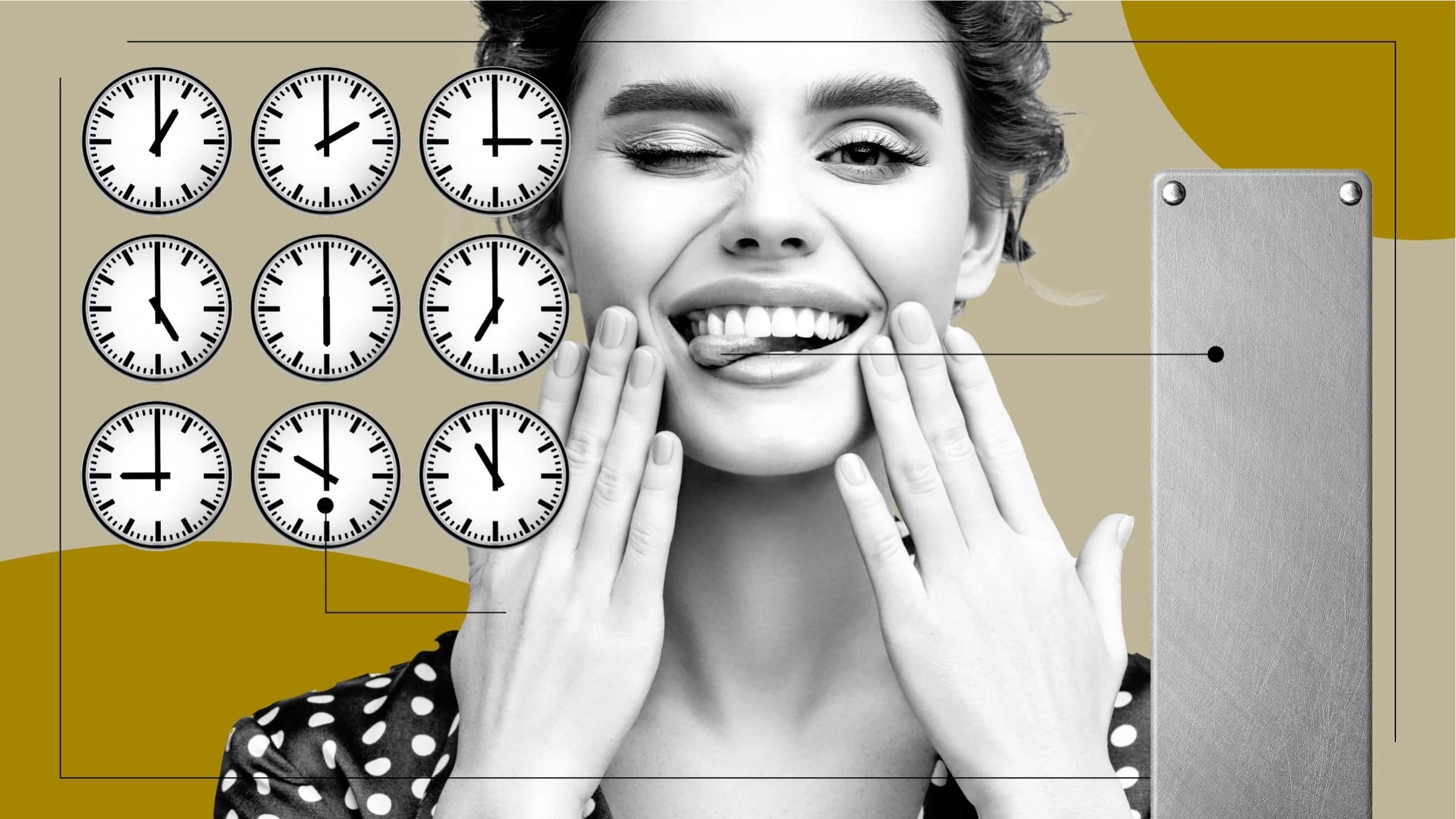 A graphic that represents taking iron supplements includes a photo of a woman, clocks, and a metal plate.