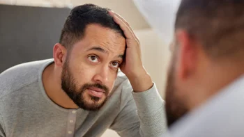 finasteride: man looking at hairline in mirror 2172318849