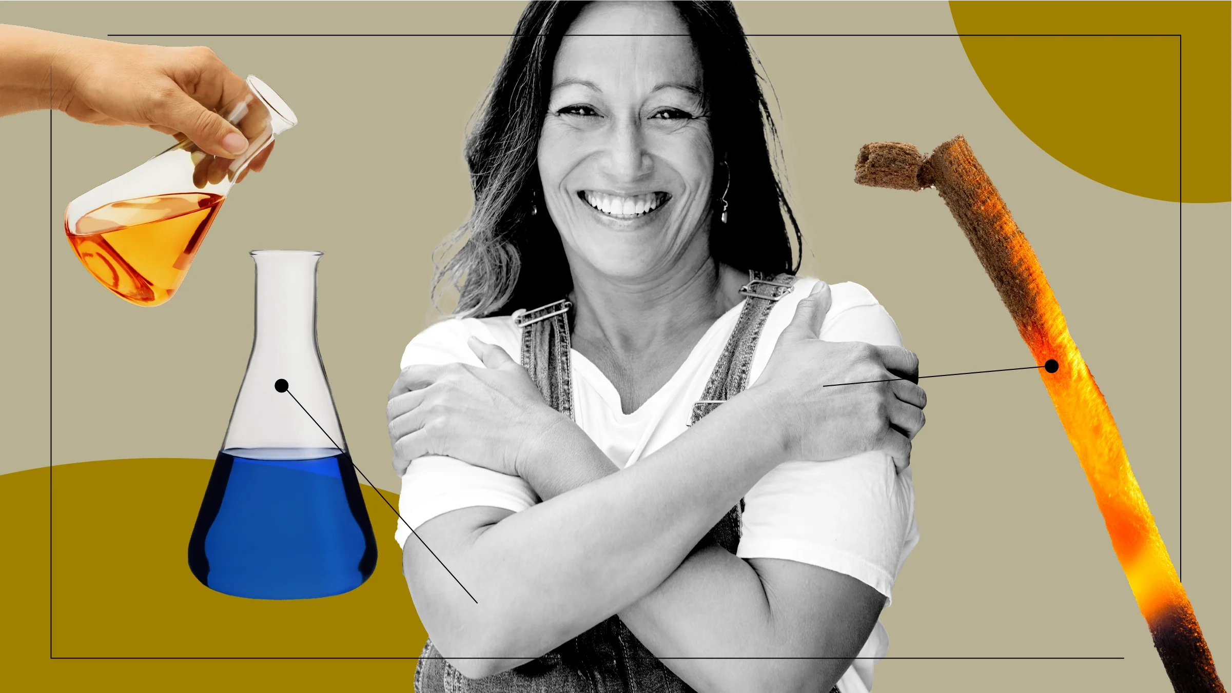 A graphic represents taking turmeric supplements for arthritis pain with various images and a portrait of a smiling woman.