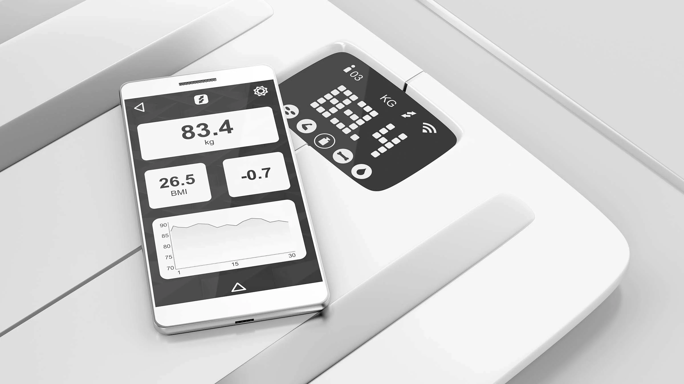 Black and white image of mobile phone on top of a smart scale.