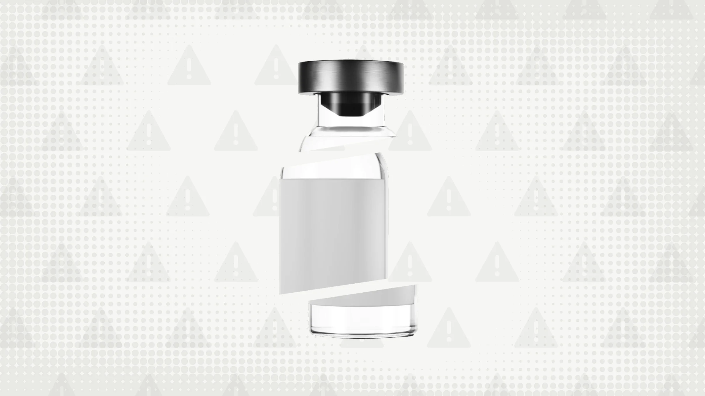 Custom graphic with a gray background with texture and warning sign pattern. In the center is a medication vial cut into thirds. 
GoodRx Health