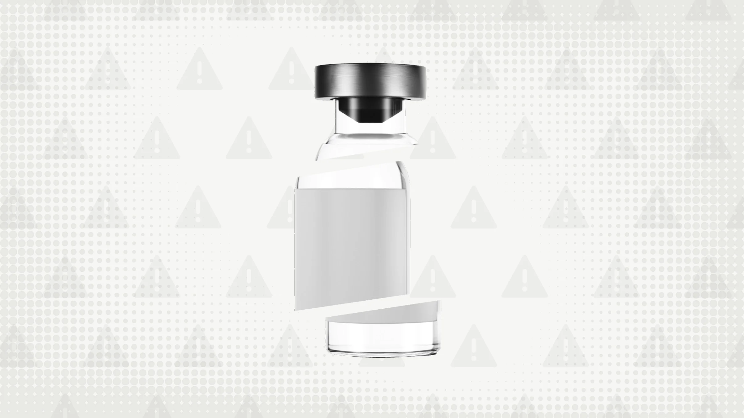 Custom graphic with a gray background with texture and warning sign pattern. In the center is a medication vial cut into thirds. 