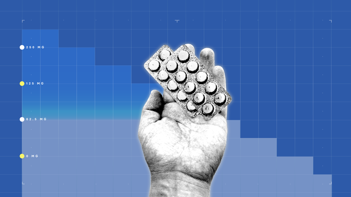 Blue background with graph paper texture and representational step graph. In the center is a black and white cutout of a hand holding blister packs of pills. 