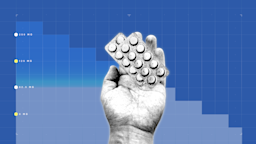 Blue background with graph paper texture and representational step graph. In the center is a black and white cutout of a hand holding blister packs of pills. 
GoodRx Health