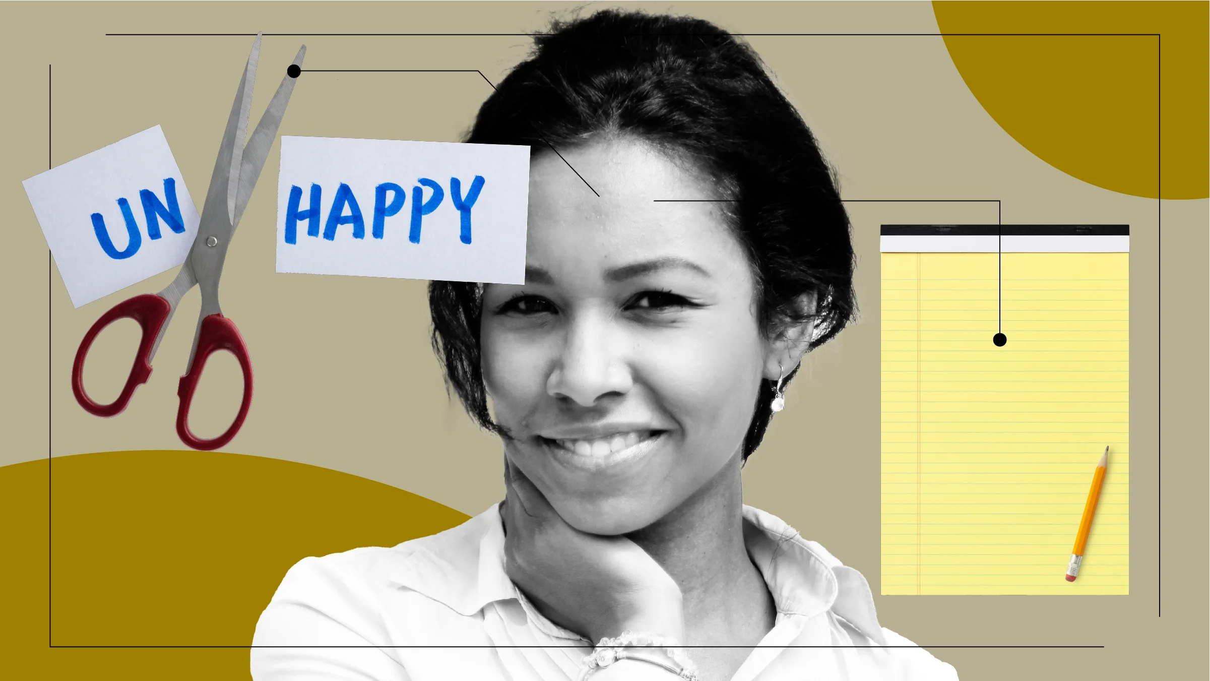 Tan background with a cutout portrait of a young Black woman with her hand on her neck. On either side of her are items representing the feelings Alisha Bridges had in accepting her psoriasis. On the left is a pair of scissors cutting the word “unhappy” so that it spells “happy.” On the right is a yellow legal pad and pencil. 
