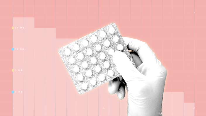 A graphic includes a light-red graph-paper background with a black-and-white cutout of a hand holding a blister pack. 