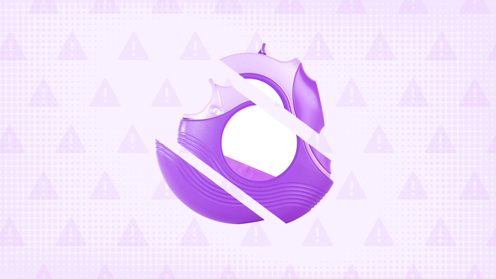 Light purple background with texture and warning sign pattern. In the center is a purple round inhaler cut into thirds.