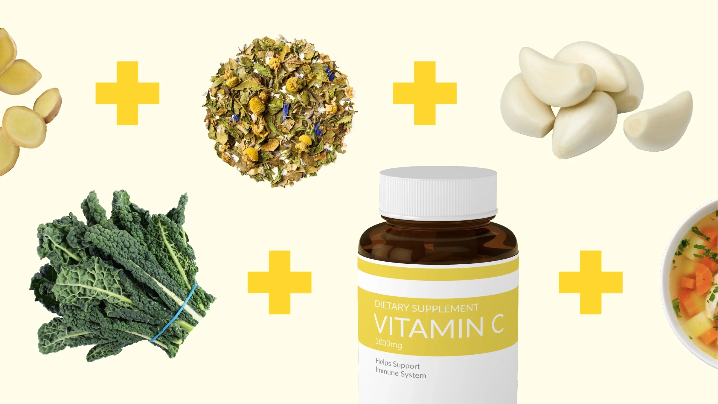 A graphic representing what to eat to ward off a cold includes images of vitamin C supplements, tea, and other items.