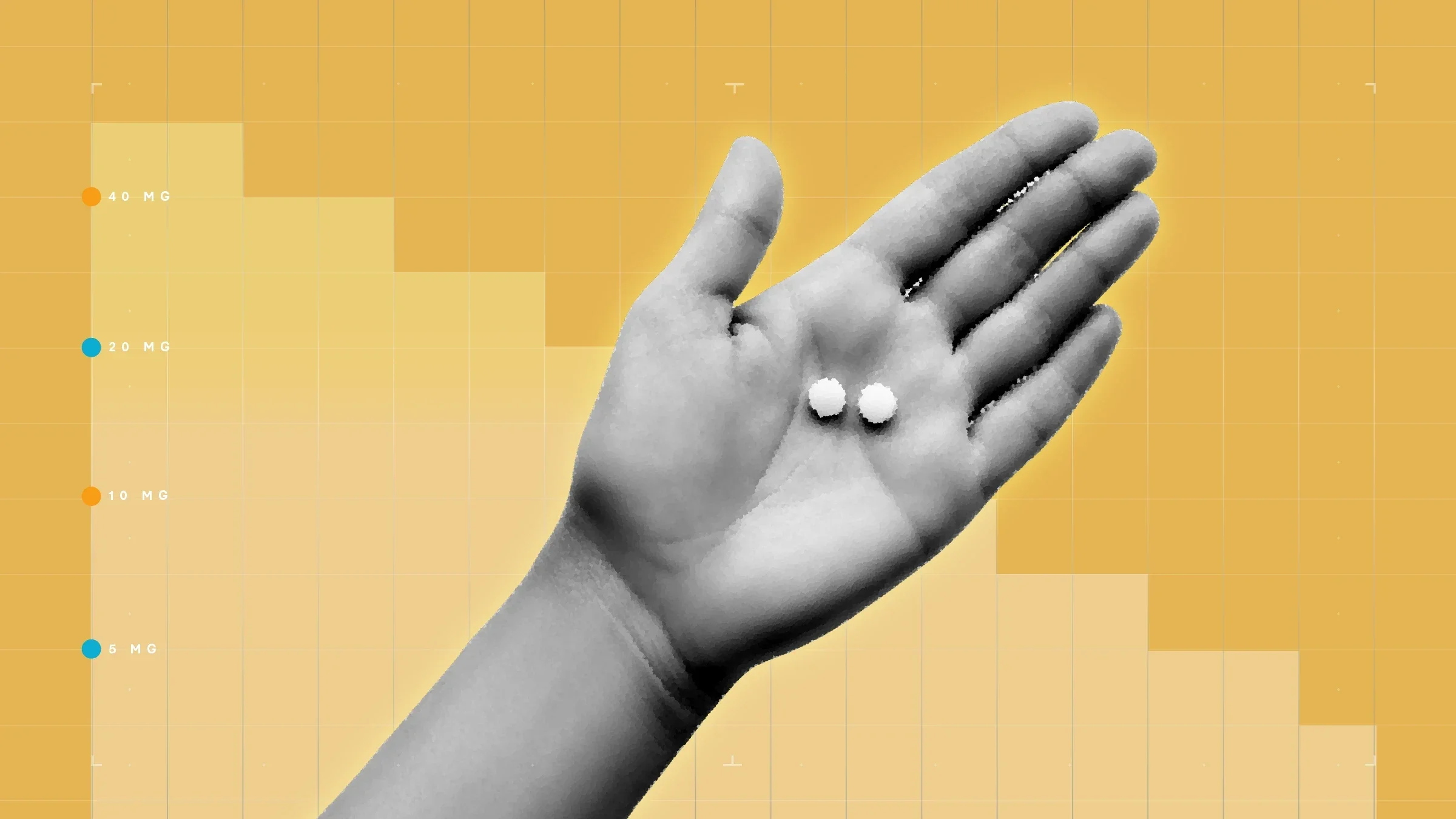 Light-orange background with graph paper texture and representational step graph. In the center is a black-and-white cutout of a hand holding two round pills.
GoodRx Health