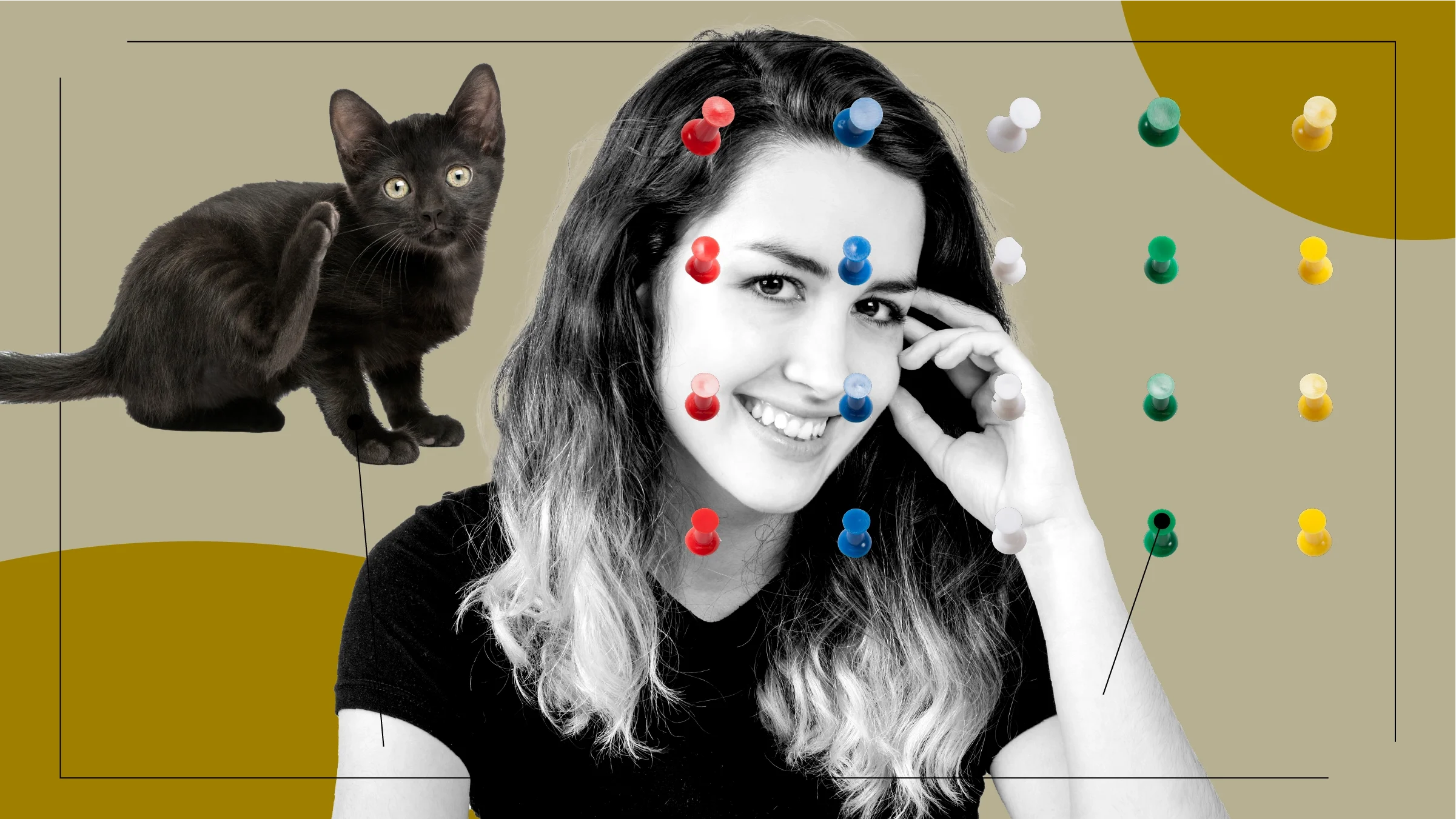 Tan background with a black-and-white cutout portrait of a young woman. Off of her are diagram lines pointing to objects representing the feelings of skin patch testing. On the left is a black cat scratching its ear. On the right is a grid of colorful push pins.