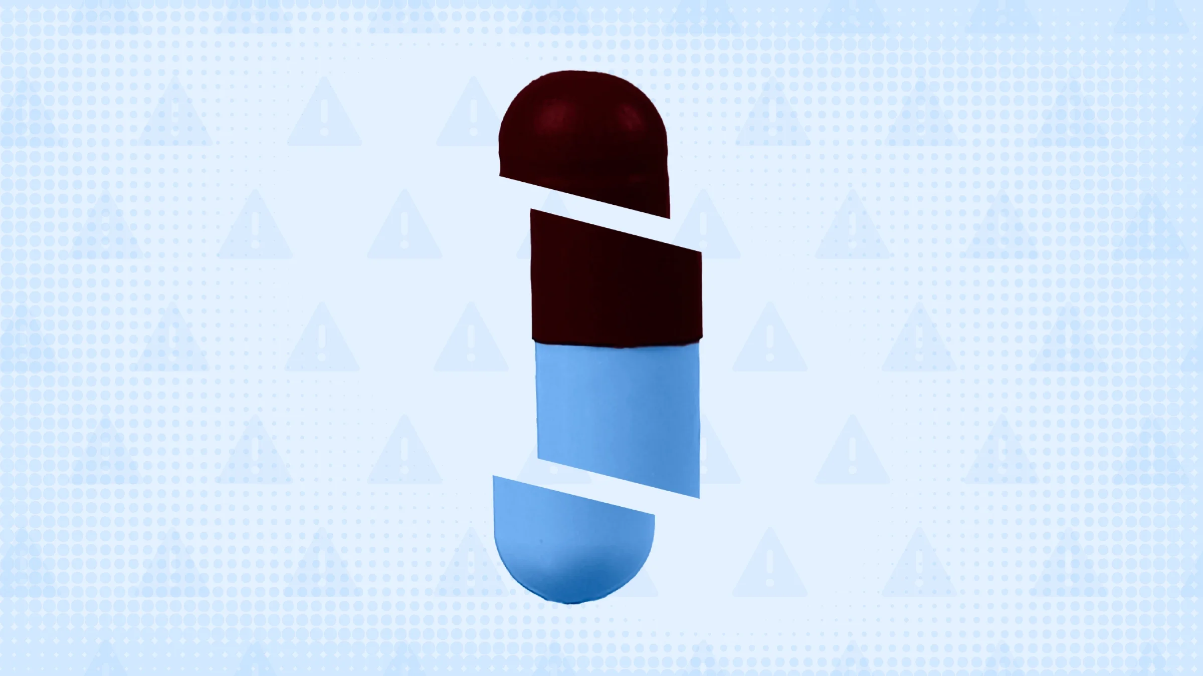 In the center of a blue background with texture and warning sign pattern is a red and blue capsule pill cut into thirds.