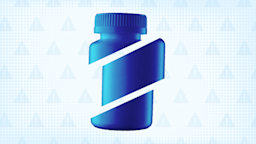 Light blue background with a halftone texture and warning sign pattern. In the center is a shiny blue medication bottle cut into thirds.
GoodRx Health