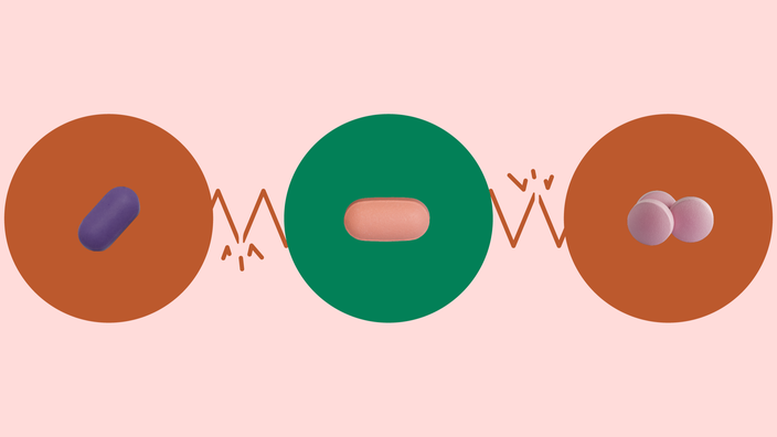 A custom graphic showcases what types of drugs interact with statins. In the center is a green circle with a pink oblong pill in the middle. On the left is a red circle with a purple oblong pill in the middle. On the right, is a red circle with 3 round pink pills in the middle.