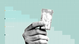 In the center of a light teal background with graph paper texture and representations step graph is a black-and-white cutout of a hand holding a bottle of pills. 
GoodRx Health
