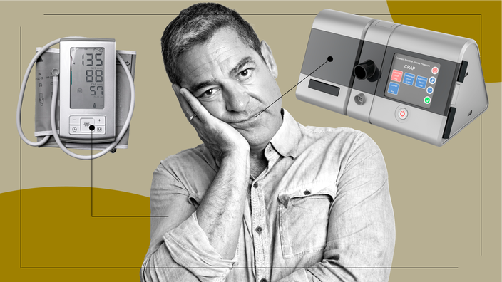 A graphic about sleep habits includes images of a man, a blood pressure cuff, and a CPAP machine. 
