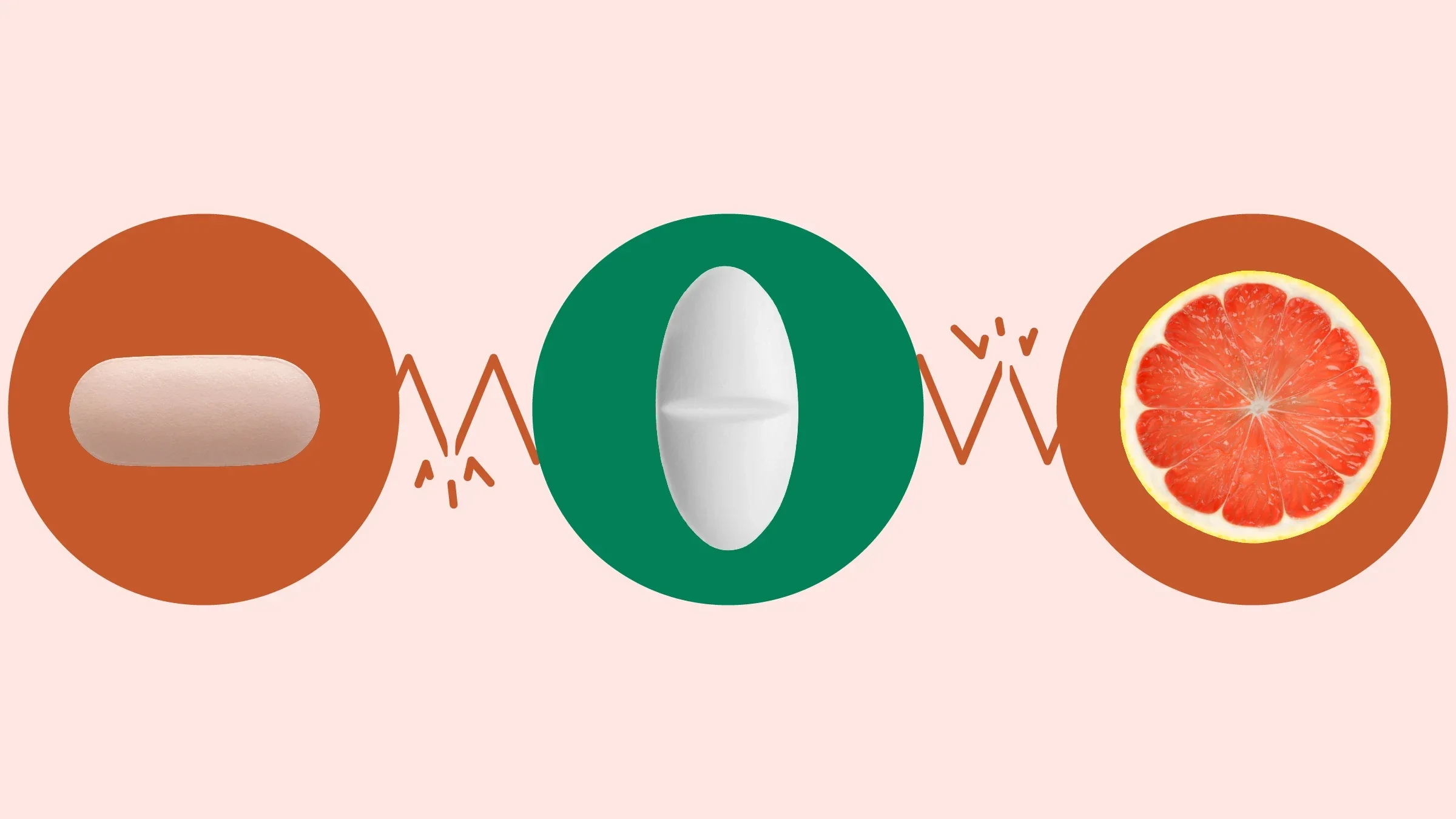 Light red background with three circles across the frame. In the center, on a green circle, is an oblong white pill. On the left, on a red circle, is a single pink-peach colored pill. On the right, on a red circle, is a half of a grapefruit. 
GoodRx Health