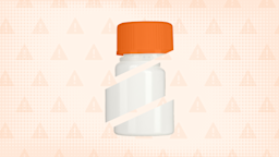 Light orange background with a halftone texture and warning sign pattern. In the center is an allergy pill bottle with an orange cap cut into thirds.
GoodRx Health