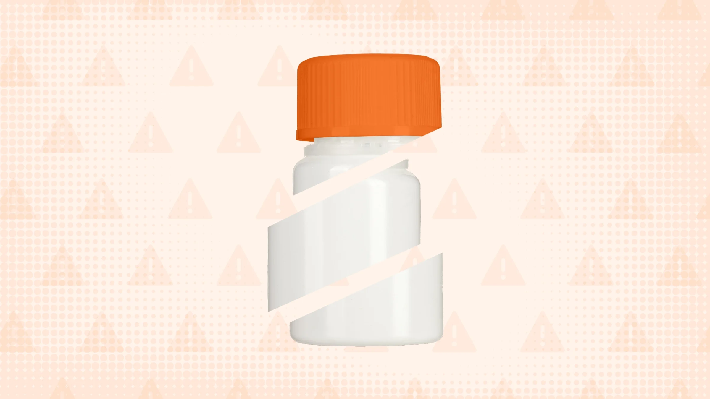 Light orange background with a halftone texture and warning sign pattern. In the center is an allergy pill bottle with an orange cap cut into thirds.