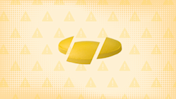 Light yellow background with texture and warning sign pattern. In th center is a yellow pill cut into thirds. 
GoodRx Health
