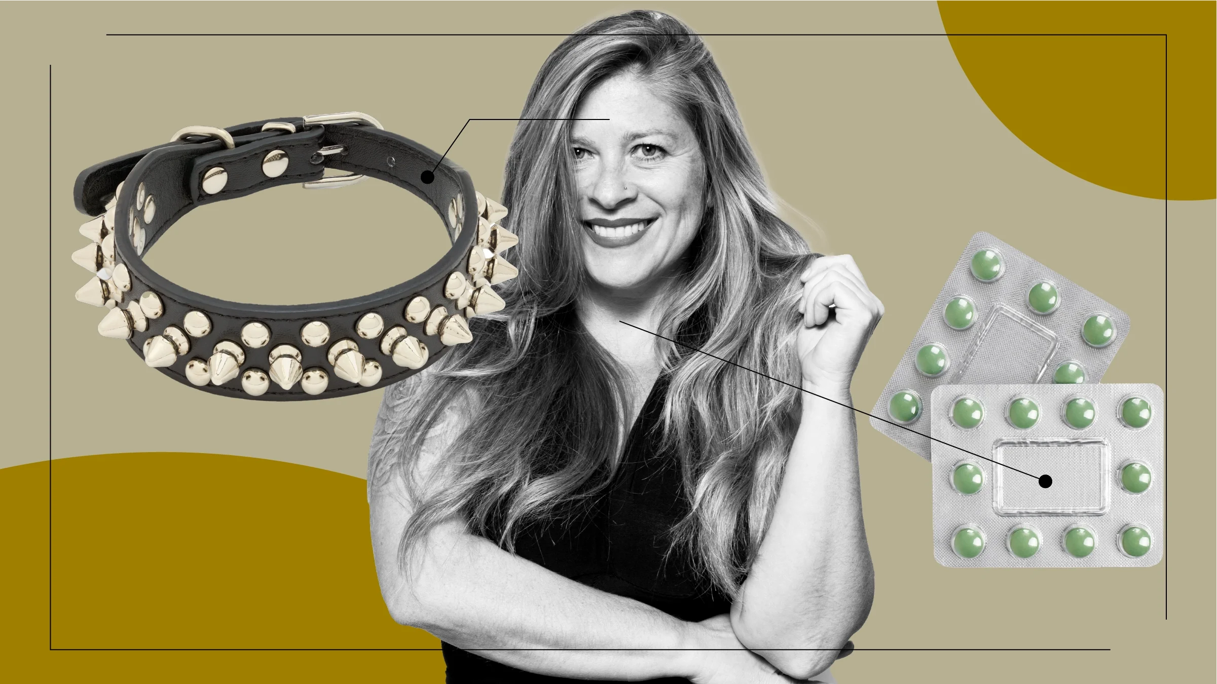 A graphic about boosting libido includes a photo of a smiling woman and images of estrogen pills and a kink collar. 