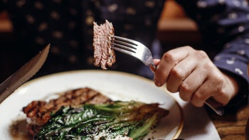 Diet nutrition: closeup person eating steak 1060835204