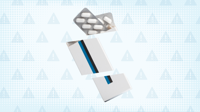 A custom graphic includes a light-blue background with a warning sign pattern and a blister pill pack cut into thirds.