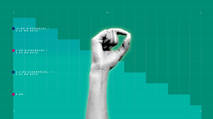 In the center of a teal background with graph paper texture and representational step graph is a black and white cutout of a hand holding a single pill. 