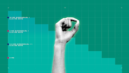 In the center of a teal background with graph paper texture and representational step graph is a black and white cutout of a hand holding a single pill. 
GoodRx Health