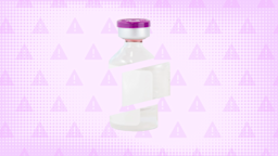 In the center of a purple background with texture and warning sign pattern is a medication vial with a purple cap cut into thirds. 
GoodRx Health