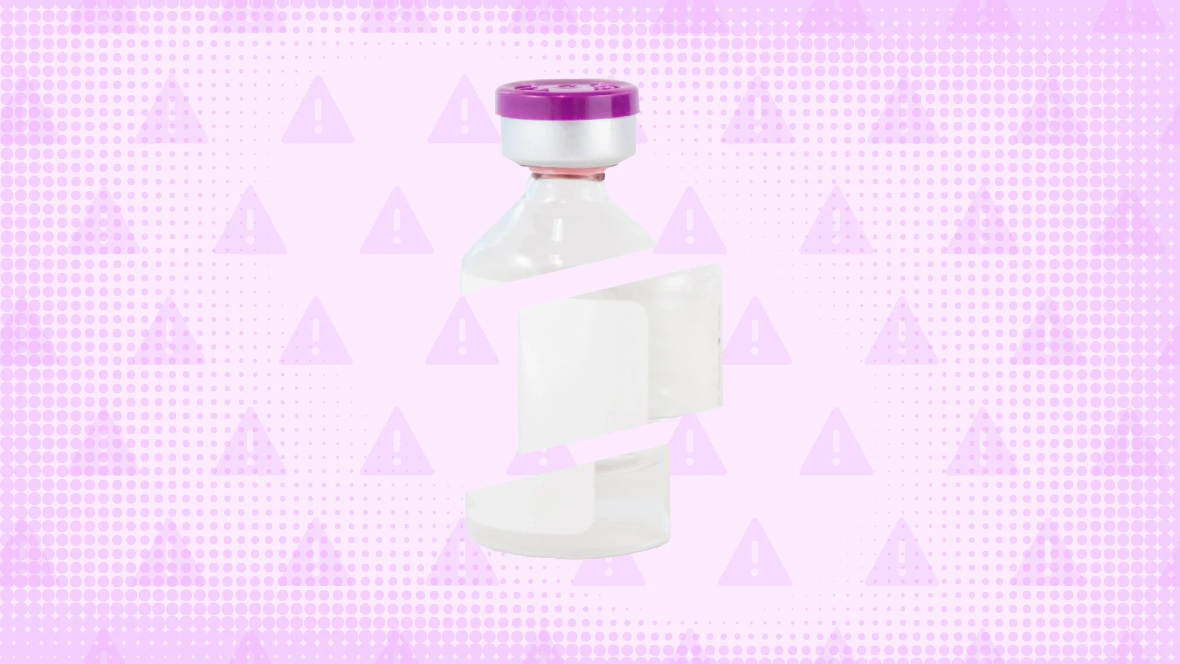 In the center of a purple background with texture and warning sign pattern is a medication vial with a purple cap cut into thirds.