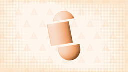  Peach background with texture and warning sign pattern. In the center is a peach-colored oblong pill cut into thirds. 
Credits: GoodRx Health
