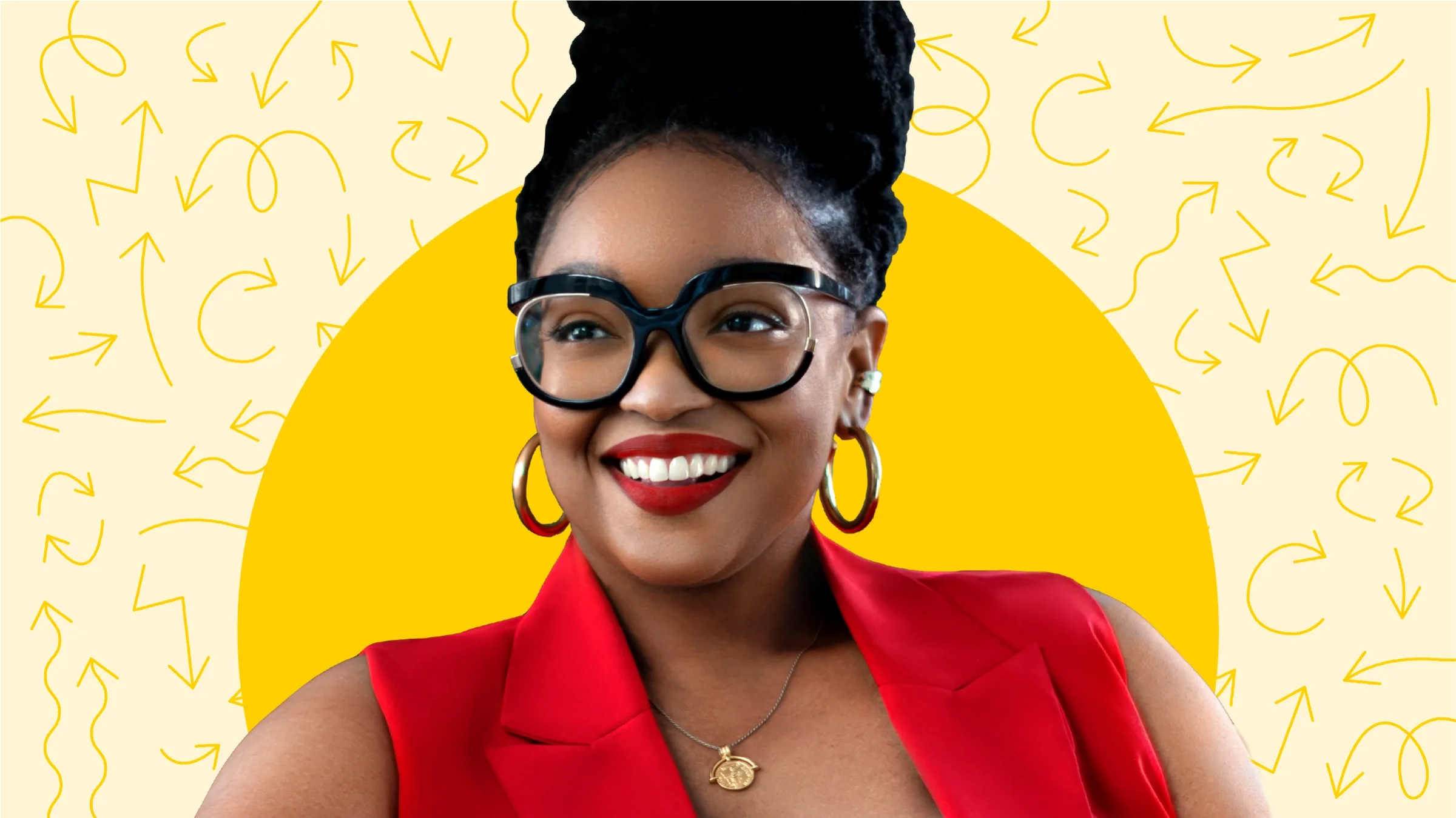 Portrait of Nikki Nurse cutout on a yellow background with doodle arrows. There is a yellow circle behind her like a halo.