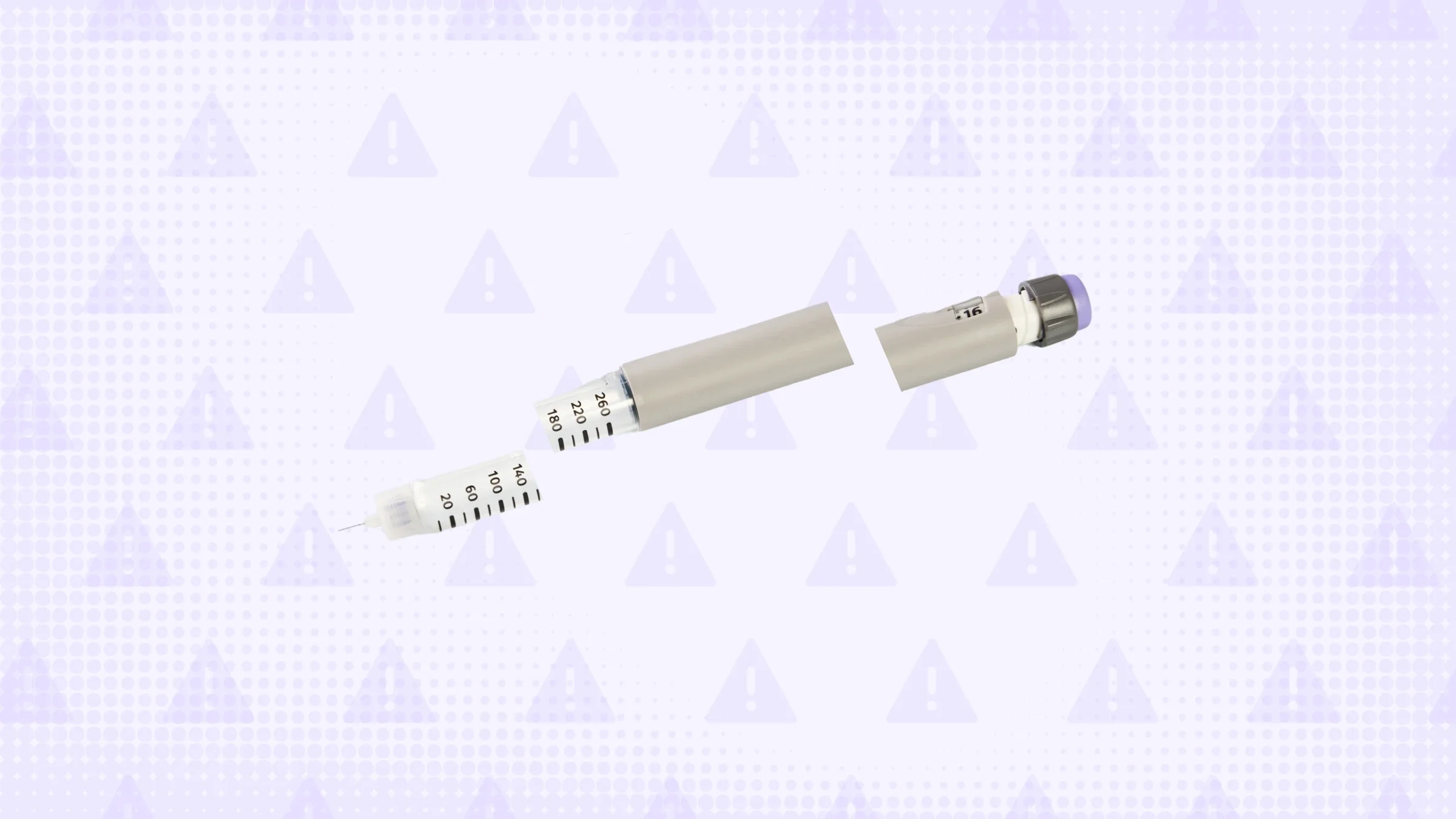 Light purple background with texture and warning sign pattern. In the center is a gray and purple autoinjector medication pen cut into thirds.