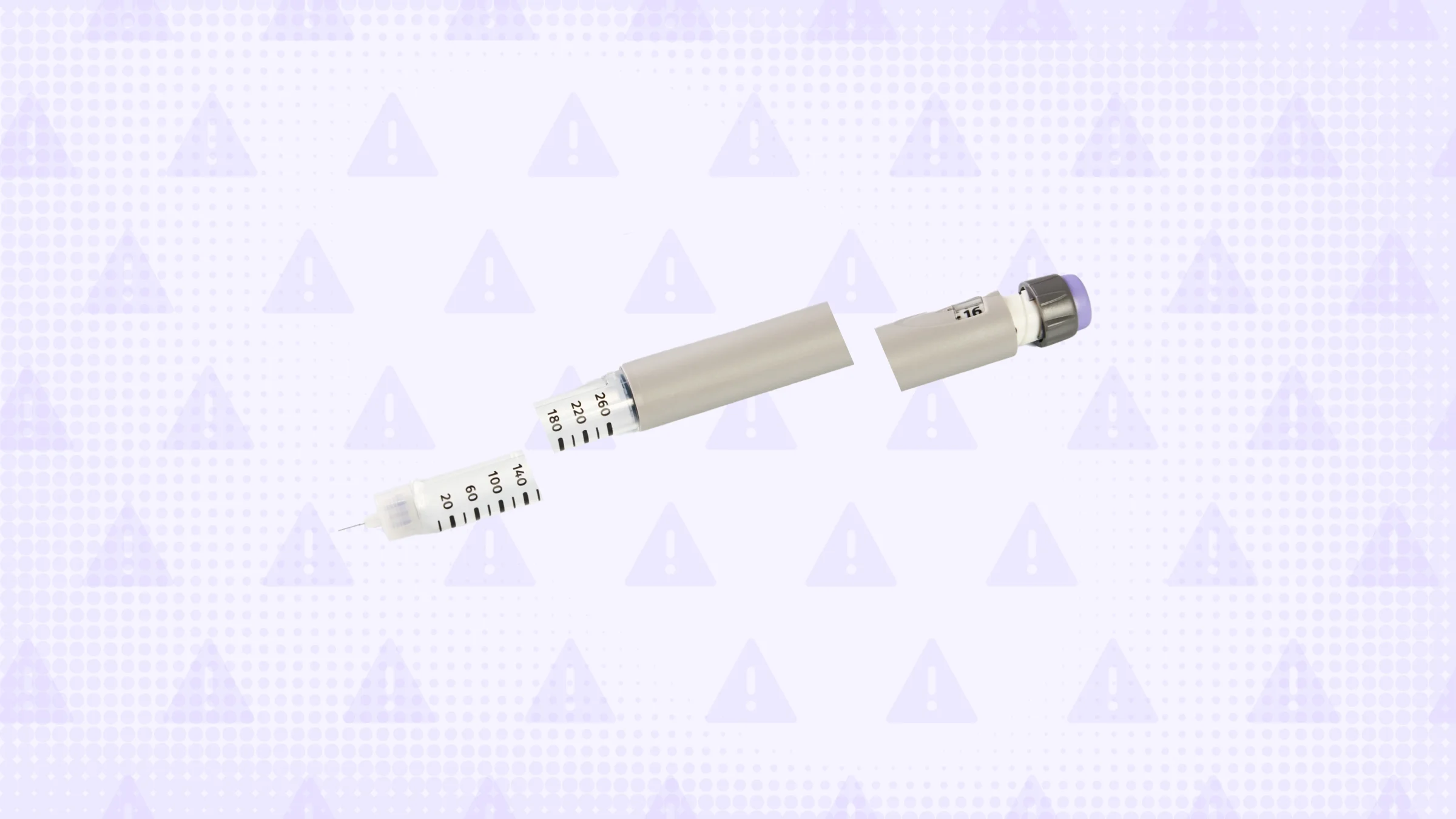 Light purple background with texture and warning sign pattern. In the center is a gray and purple autoinjector medication pen cut into thirds.