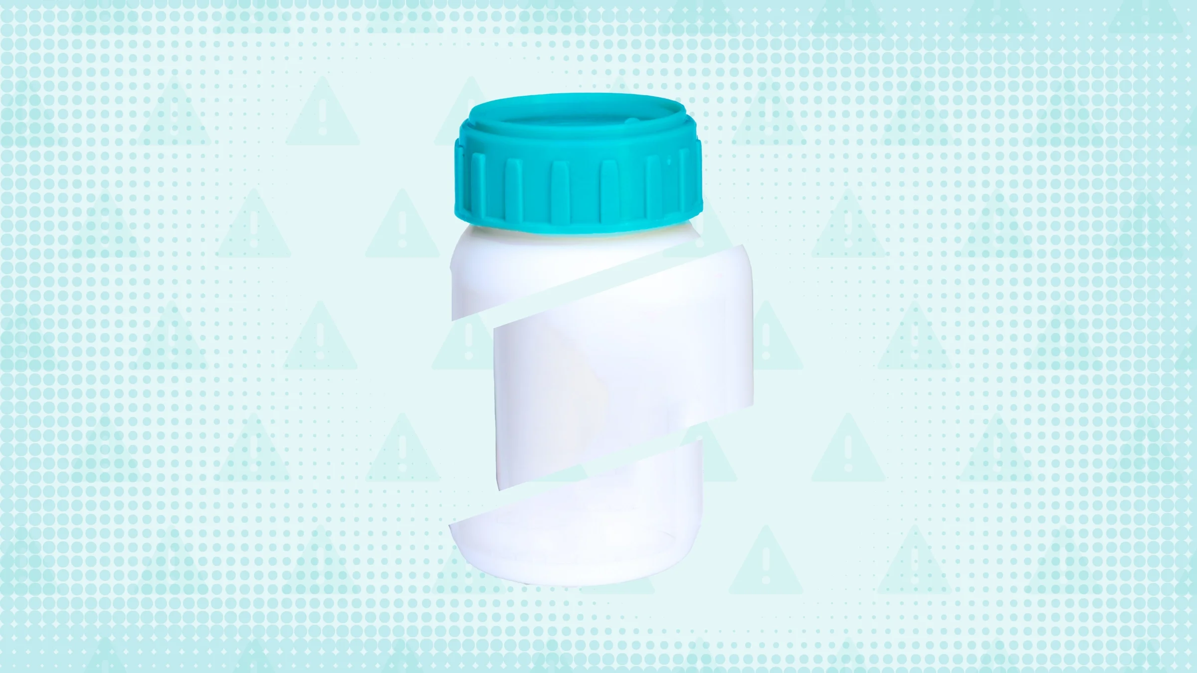 Teal background with texture and warning sign pattern. In the center is a white prescription bottle cut into thirds with a teal cap.  