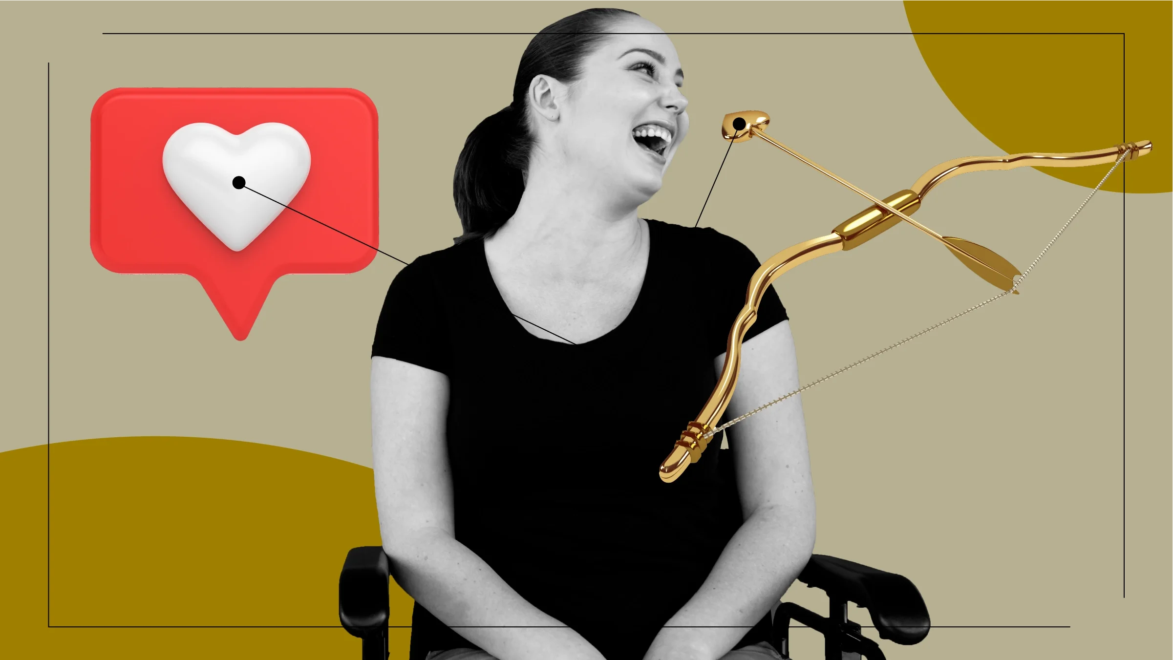 Tan background with a black-and-white portrait of a woman laughing in her wheelchair. Off of her are diagram lines pointing to objects representing the feelings of dating with a terminal illness. On the left is a social media chat bubble with a heart. On the right is a golden Cupid’s bow.