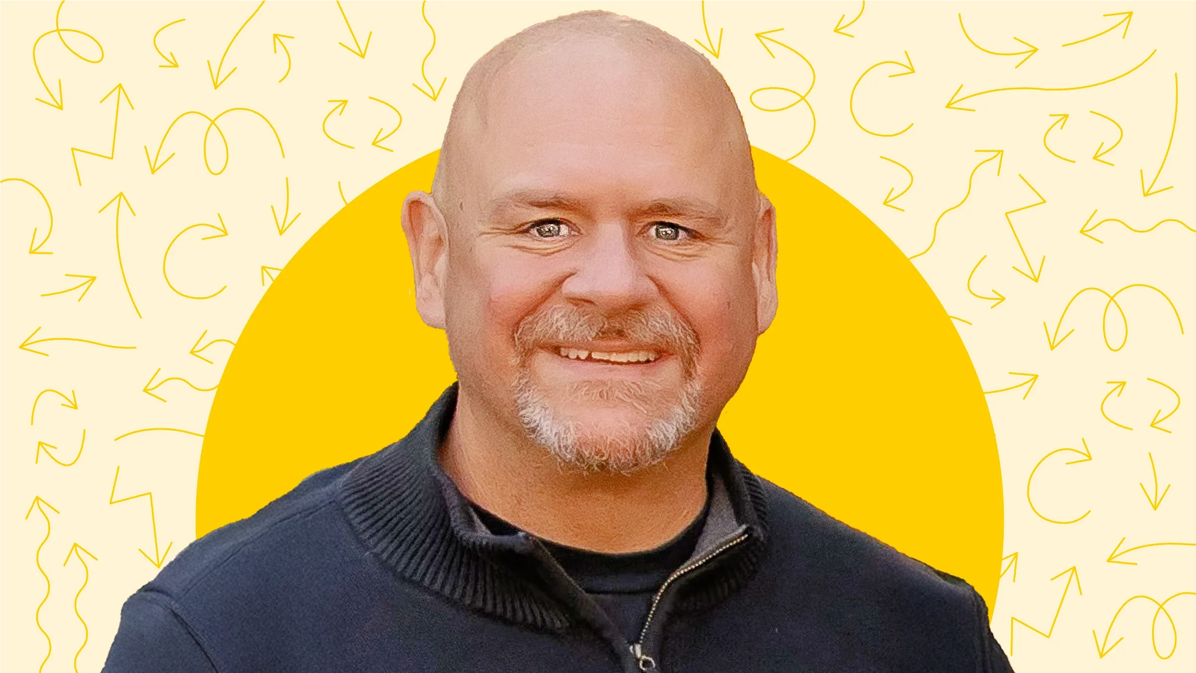 Light yellow background with doodle arrow pattern. In the center is a big yellow circle surrounding a cutout portrait of Brian Gregg. 
GoodRx Health