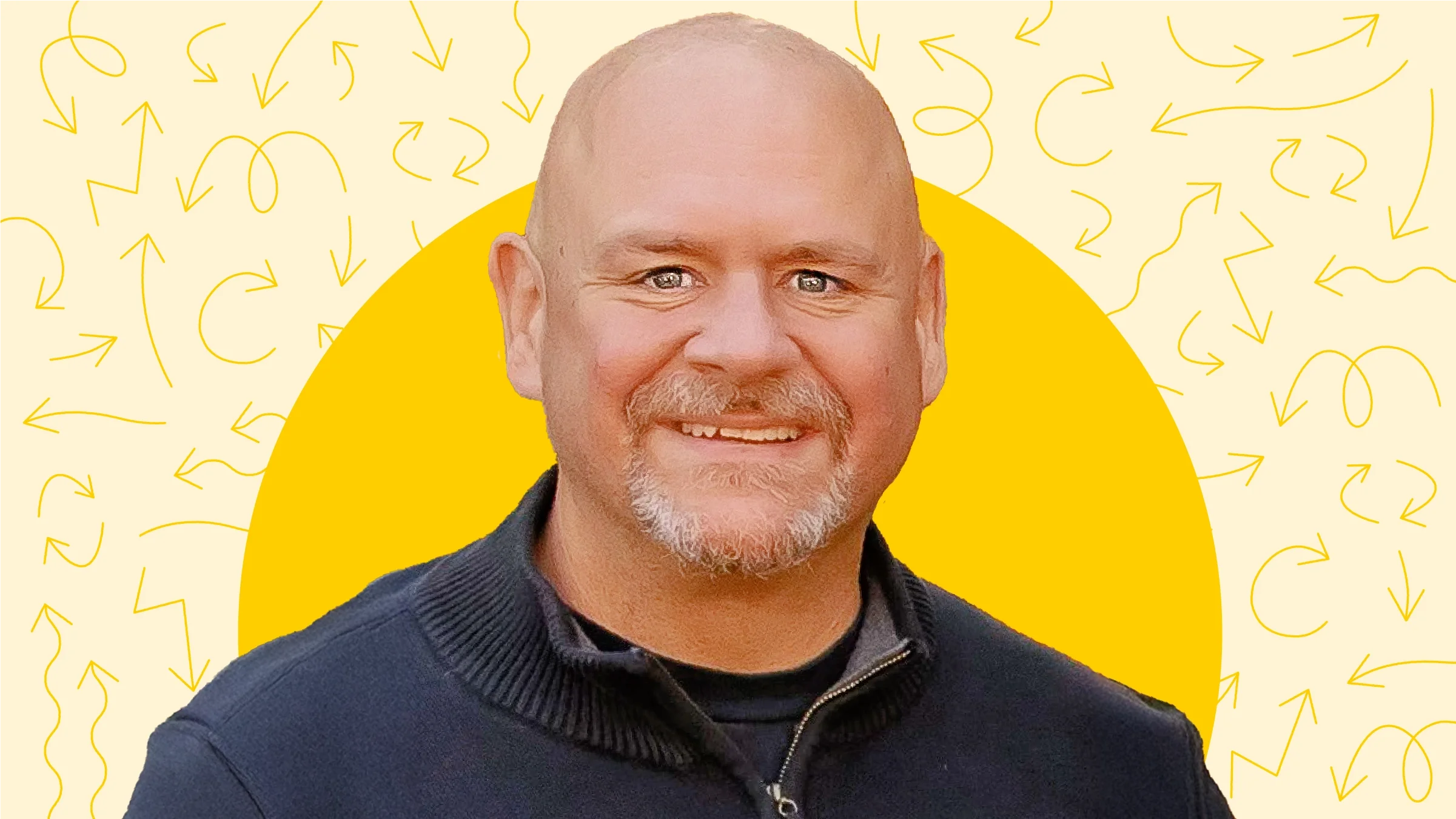Light yellow background with doodle arrow pattern. In the center is a big yellow circle surrounding a cutout portrait of Brian Gregg. 