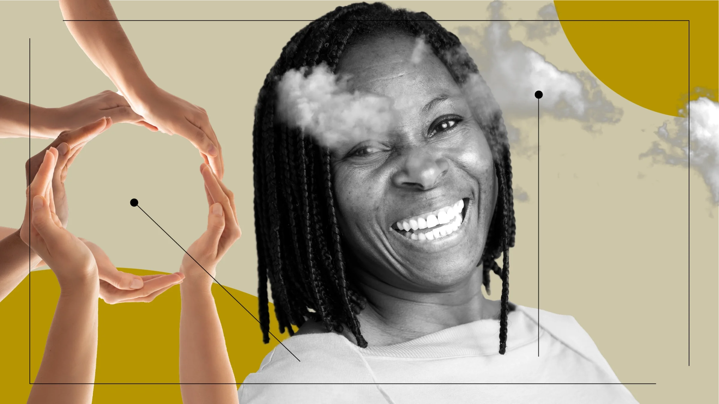 A custom graphic includes a black-and-white portrait and images that represent how IUD insertion feels: a group of hands making a circle and clouds parting.