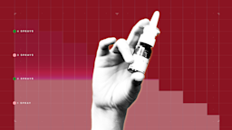 Against a reddish maroon background with graph paper texture, there is a representation of a step graph. In the center is a stylized black and white cutout of a hand holding a bottle of nasal spray. 
GoodRx Health