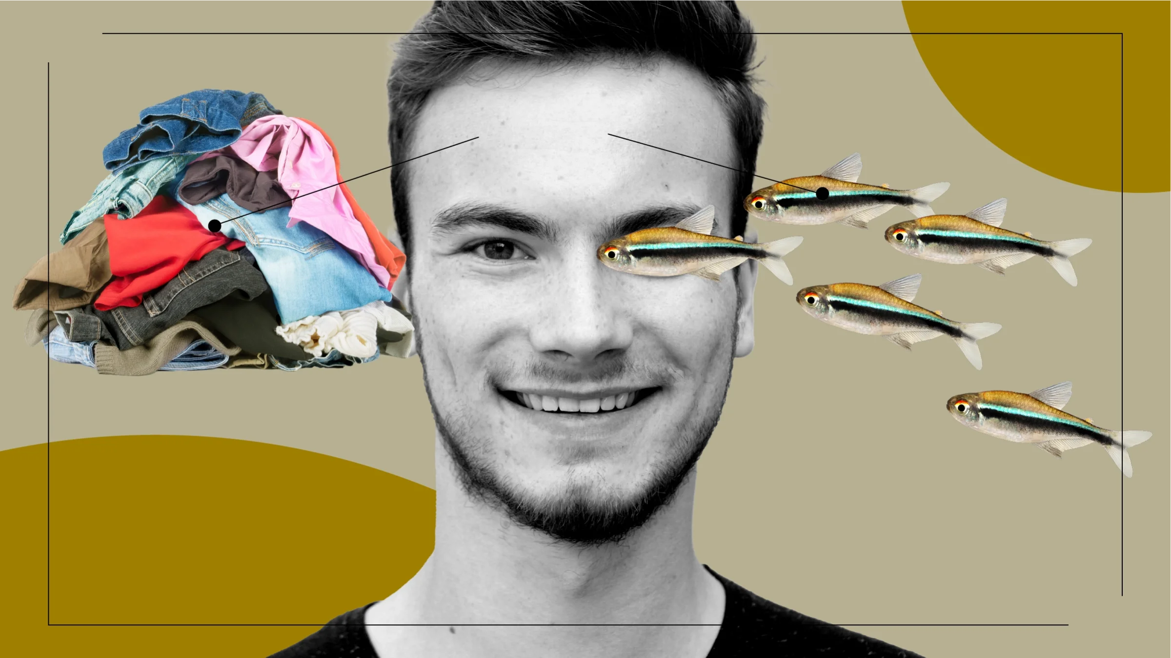 A portrait of a man is surrounded by items, like dirty laundry, that represent what it’s like to stop taking Adderall.