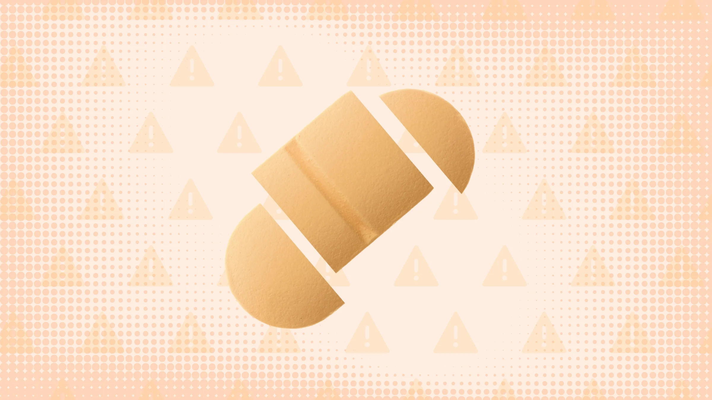 Light peach-colored background with texture and warning sign pattern. In the center is an oblong peach-colored pill cut into thirds.