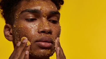 Dermatology: closeup face with honey scrub 1412165941