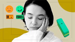 A portrait of a woman with her eyes closed. Overlaid on the photo are illustrations of items representing what it feels like to take estradiol: an eraser and happy and sad faces.
GoodRx Health