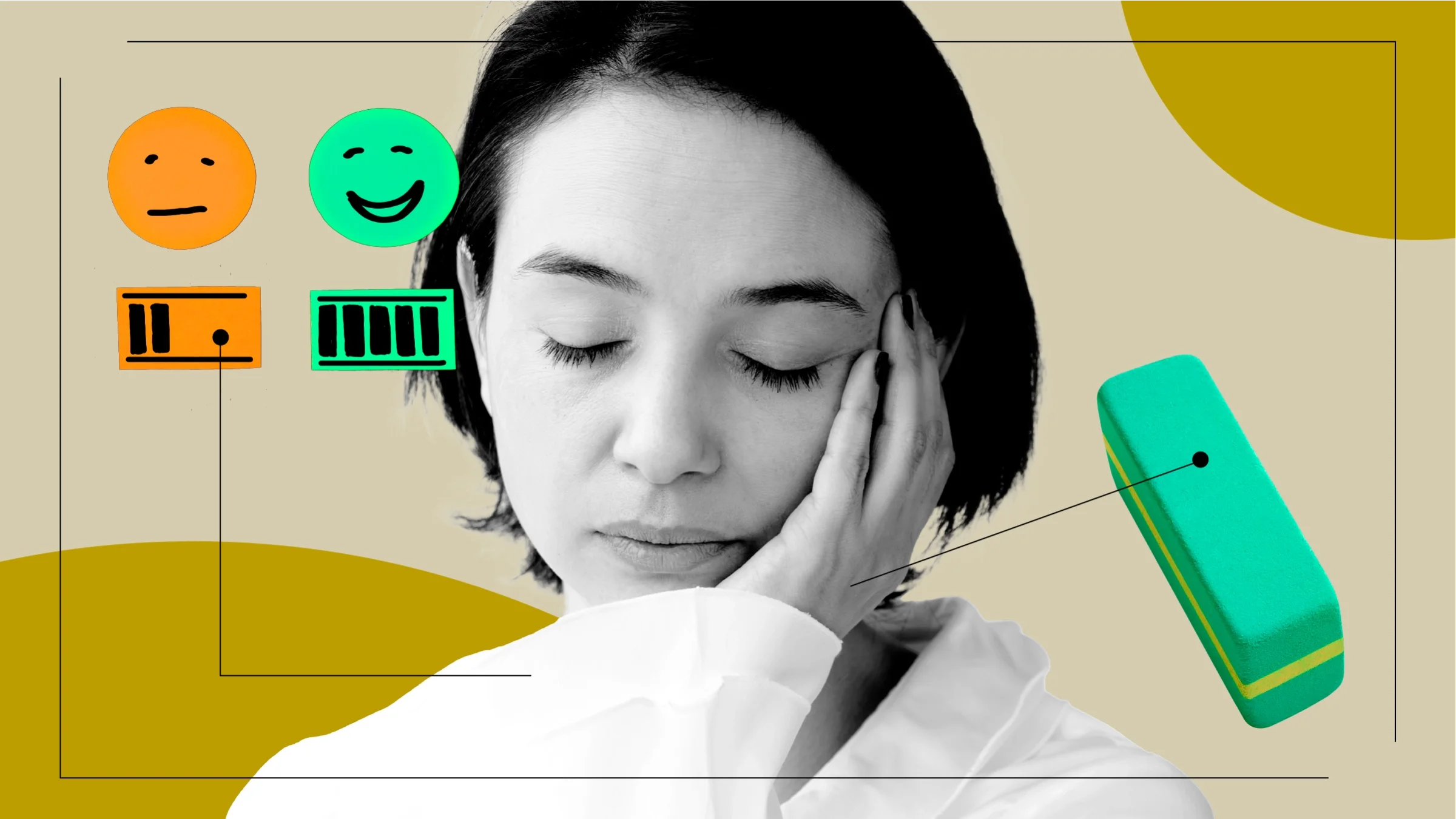 A portrait of a woman with her eyes closed. Overlaid on the photo are illustrations of items representing what it feels like to take estradiol: an eraser and happy and sad faces.