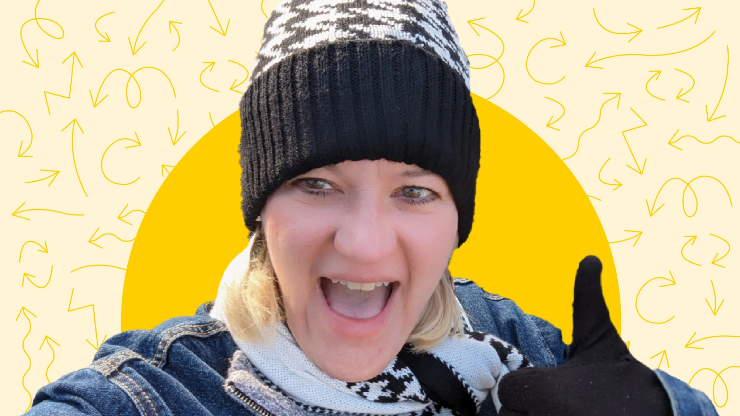 Cutout portrait of Kristina Goetz giving a thumbs up on a yellow background with an arrow pattern. 