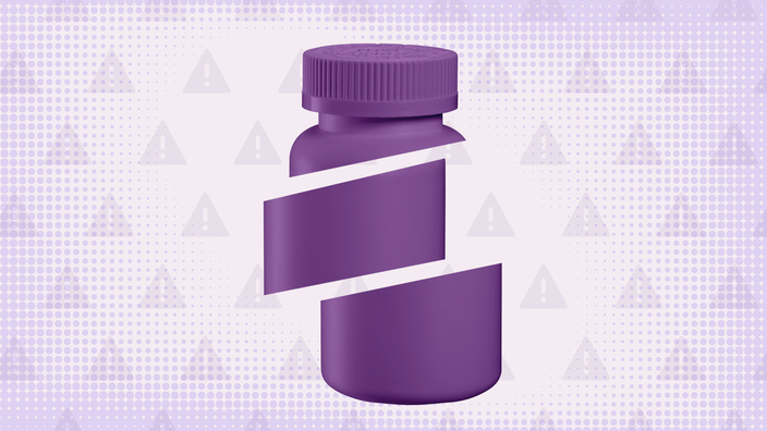 Light purple background with half-tone and warning icon pattern. In the center is a purple pill bottle that is sliced into thirds. 